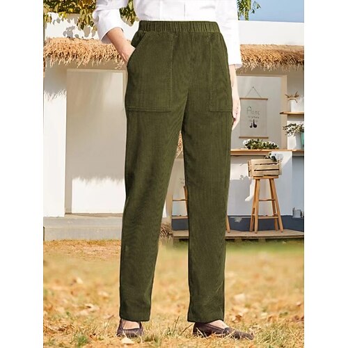 Damen Hose Cordhose Tapered Hose Mode Streetwear Lässig Volle Länge Hohe Taille Einfarbig Tasche Elastischer Bund Gerader Schnitt Weich Bequem Atmungsaktiv Mikroelastisch Outdoor Straße Ferien Blau Image