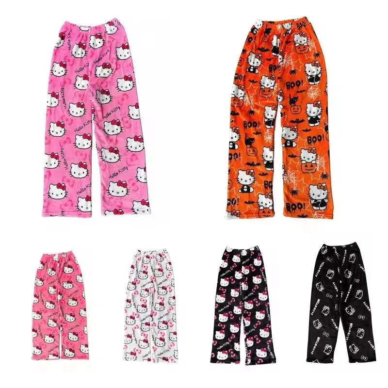 2025 Sanrio Hello Kitty Pyjamas Halloween Flanell Mode Hosen Frauen Kawaii Woolen Anime Cartoon Casual Hause Hosen Herbst