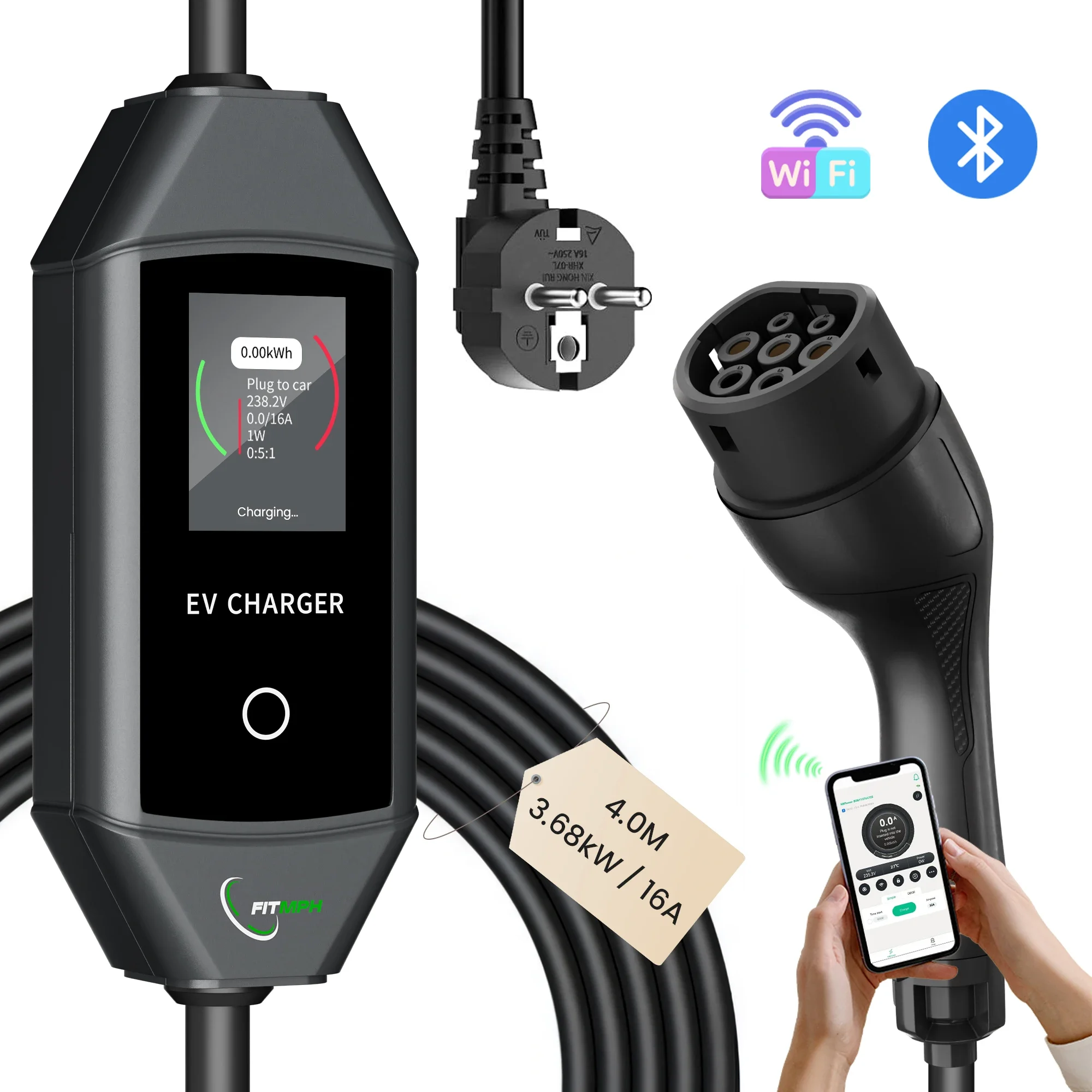 FITMPH Typ 2 EV-Ladegerät, intelligente App-Steuerung, LCD-Display, 16 A 3,68 kW tragbares Heimladekabel, 4 m, kompatibel mit CCS 2 EV Image