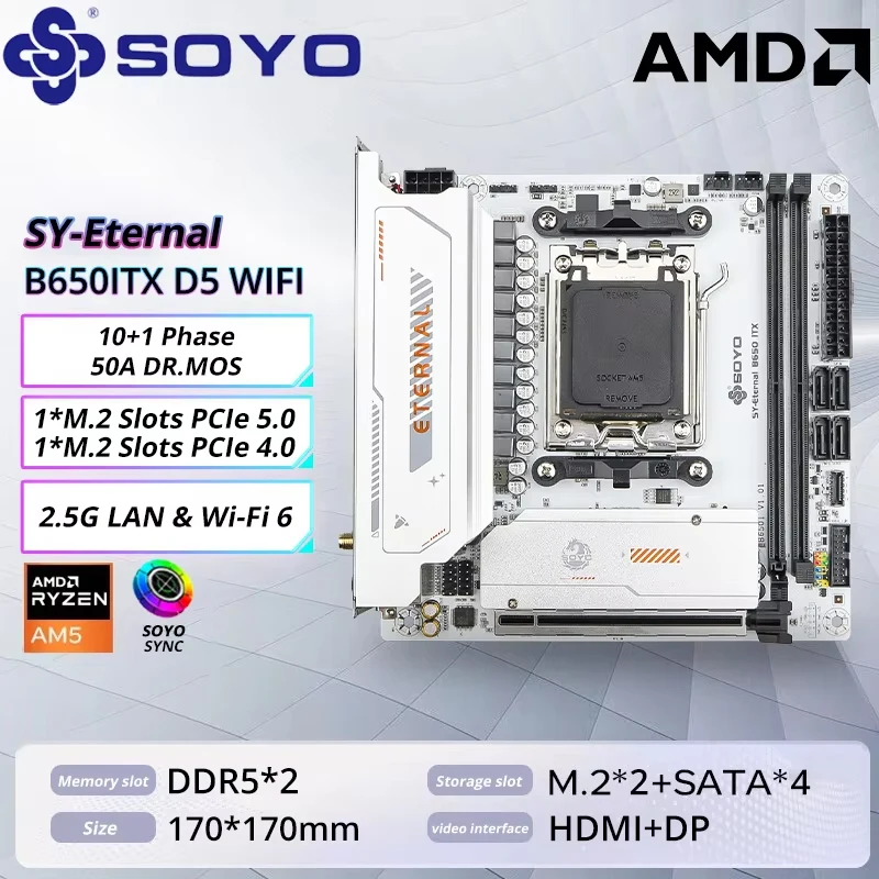 SOYO B650M AMD Motherboard AMD Ryzen AM5 DDR5 Unterstützt CPU 7000 8000 9000 Prozessoren Pcie5.0x16 Pcie4.0x4 M.2 ARGB WIFI6 B650ITX Image