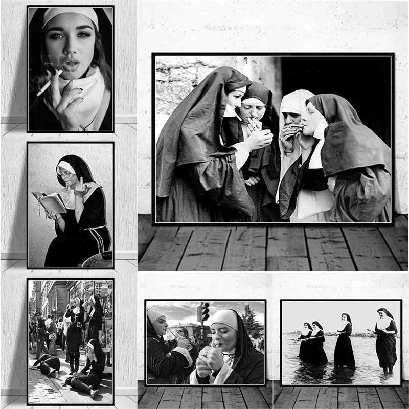 Rauchen Sexy Nonne Malerei Poster Vintage Foto Schwarz und Weiß Wand Kunst Leinwand Drucke Lustige Bad Girl Retro Drucke Home Dezember