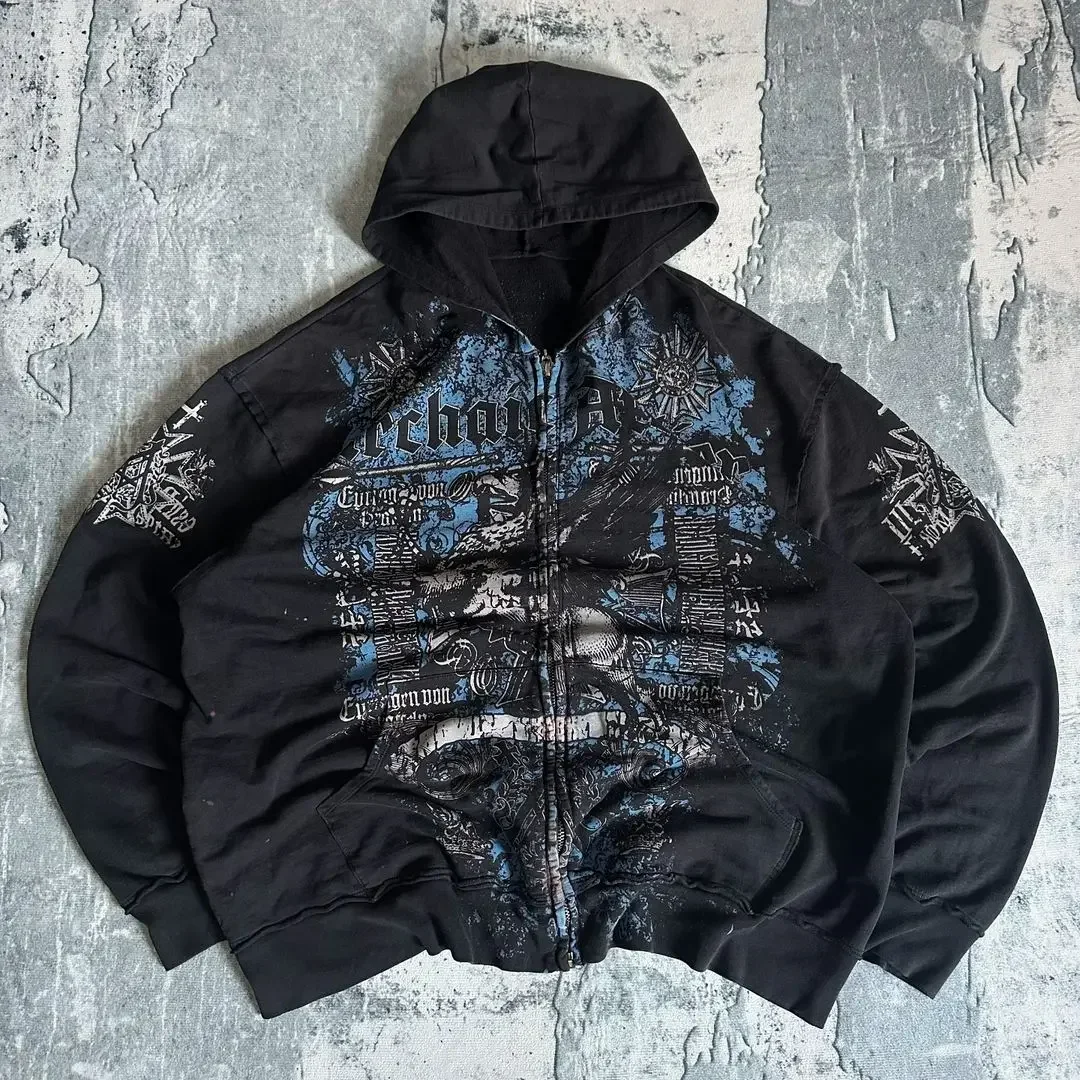Y2K Neue Affliction Hoodie Retro Gothic Muster Zipper Hoodie Männer Straße Hip Hop Harajuku Casual Oversize Mantel Lose Streetwear Image