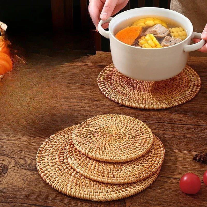 Tassenunterlage, rund, natürliches Rattan, heißes Pad, handgewebte Tischsets mit heißer Isolierung, Tischpolsterung, Küchendekorationszubehör Image