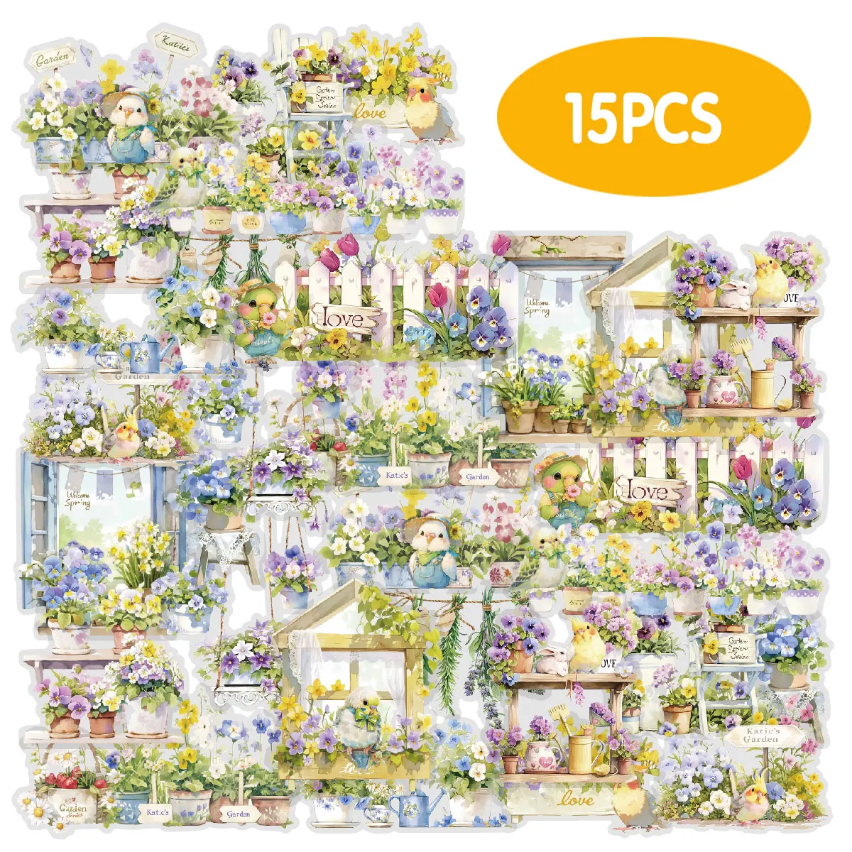 15 Stück Blumenmuster-Aufkleberpaket für Laptop-Dekoration, Handyhüllen-Aufkleber, Geschenktüten für Kinder, Albumaufkleber, Schreibwaren Image