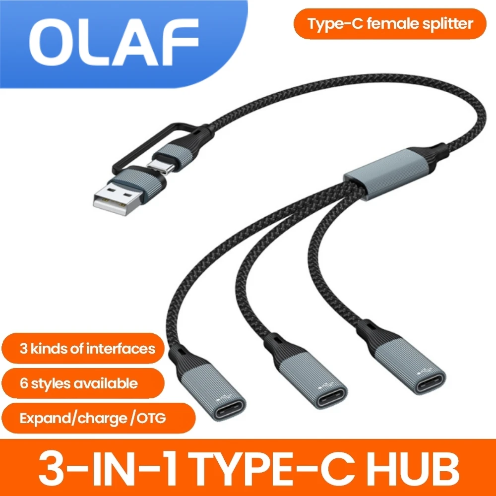 Olaf Hub USB Tipo C a 3 porte USB C Splitter Estensione Docking Station Lettura dati della scheda Cavo adattatore OTG per telefono PC portatile