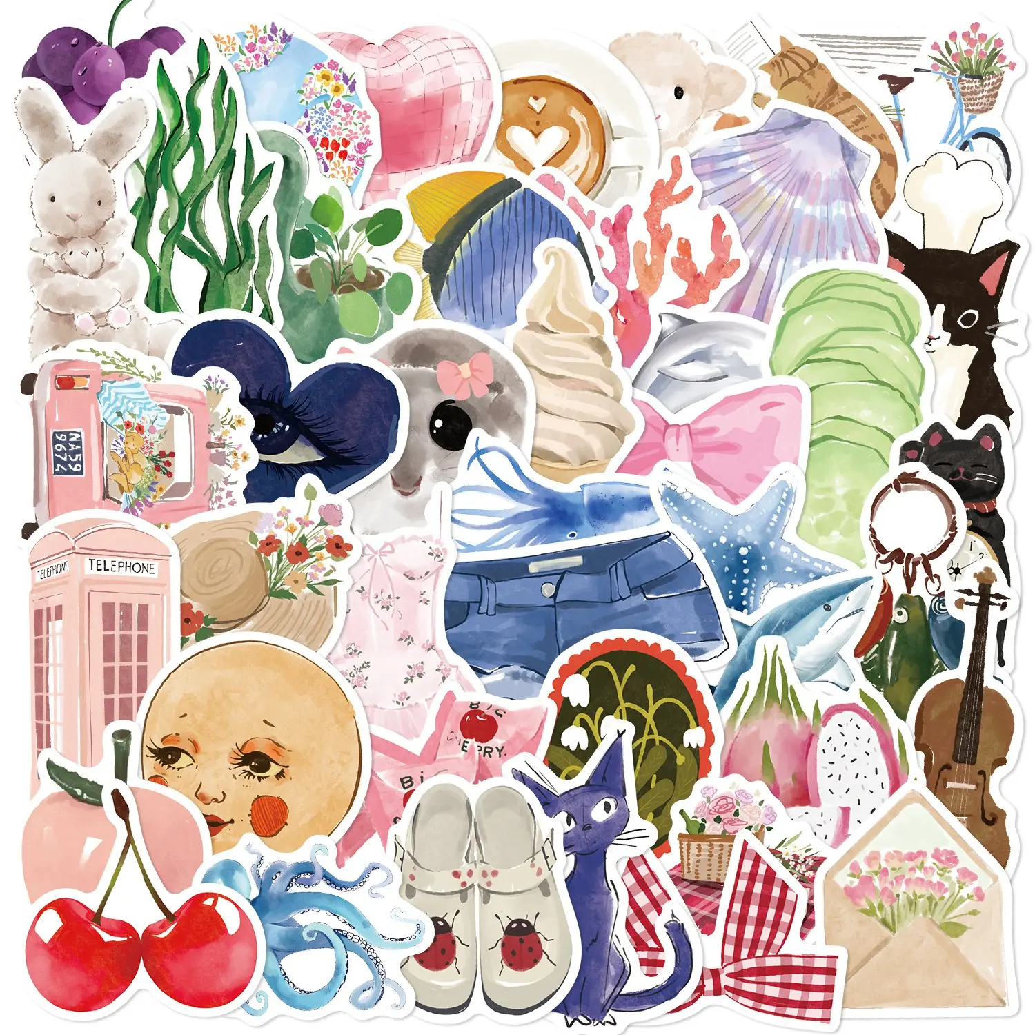 50PCS Bunte Aquarell Tagebuch Cartoon PVC Aufkleber Rosa Ästhetische Kunst DIY Dekoration Reise Gepäck Graffiti Aufkleber Pack Image