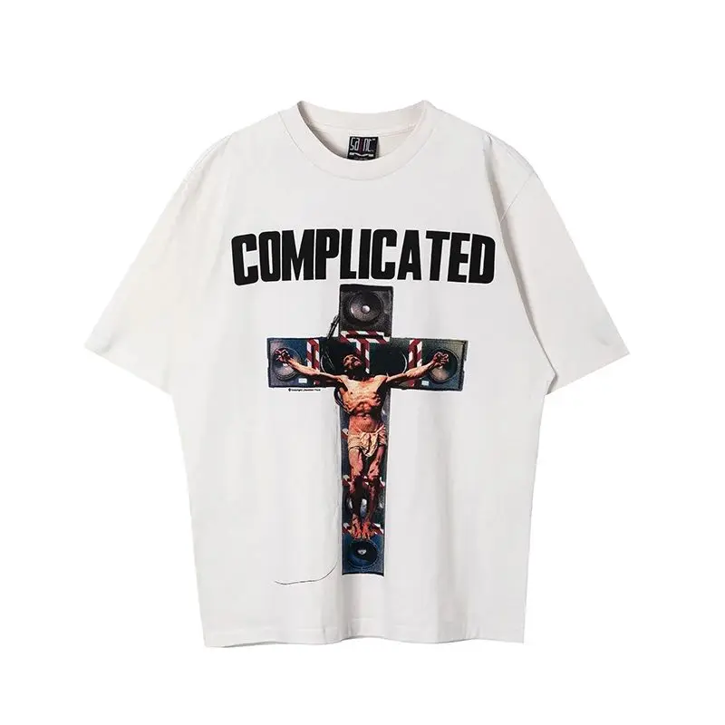 Weiße Serie Saint Portrait Brief Muster Gedruckt Kurzarm American Casual Lose Männer Frauen Drucken Baumwolle T-shirt Image