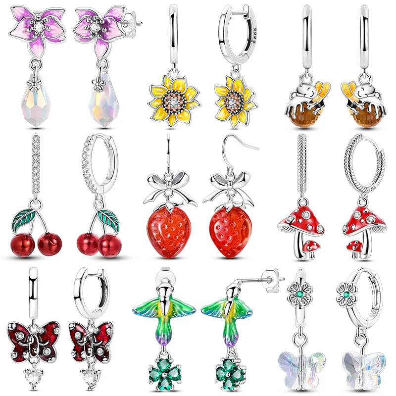 Neue Creolen aus 925er-Sterlingsilber, Schleife, Erdbeere, Kirsche, Creme, Sonnenblume, Creolen für Damen, Mode, Party, Schmuck, Geschenk Image