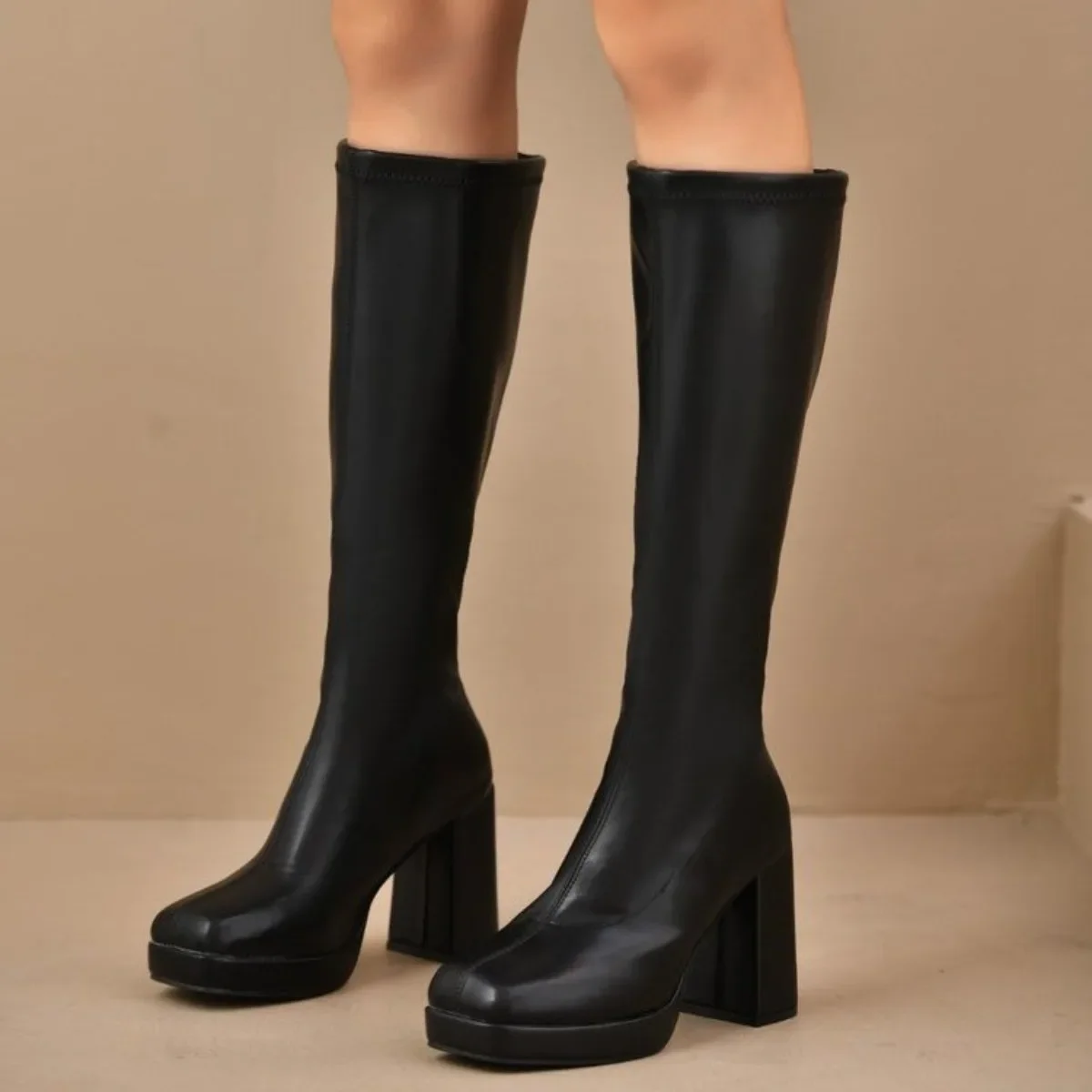 Winter Neue High Heel Frauen Kniehohe Stiefel Quadratische Absätze Casual Lange Boot Schuhe Damen Designer Quadratische Zehen Mode Ritter Stiefel