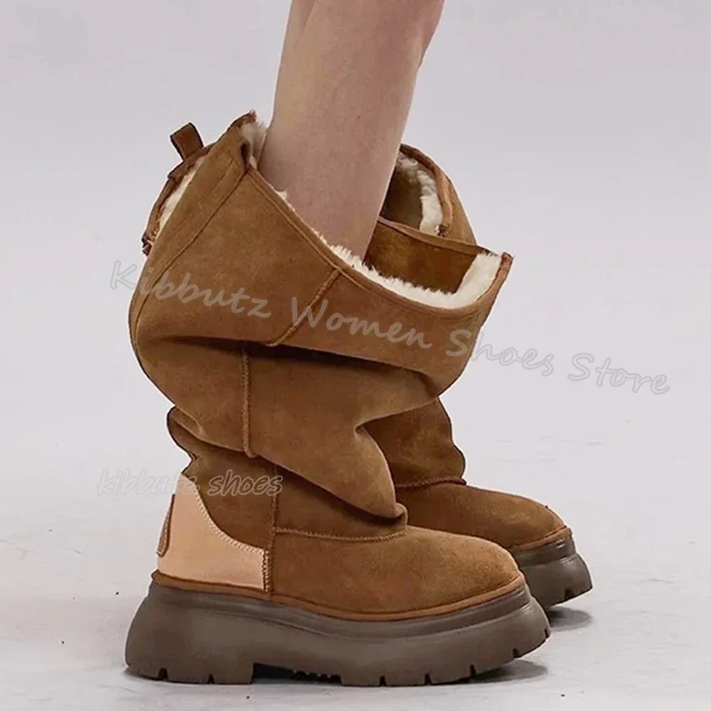 Pelzige kniehohe Schneestiefel, warme Wintermode, Neuheit, prägnante, elegante Slip-On-Damenschuhe, neue runde Zehen, dicker Boden, einfarbig