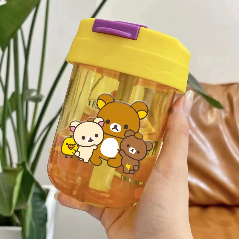 Nette Bär Rilakkuma 300 ml Stroh Wasser Tasse Mini Tragbare Outdoor Sport Wasser Flasche Doppel-trinken Anti-herbst milch Kaffee Tasse Image