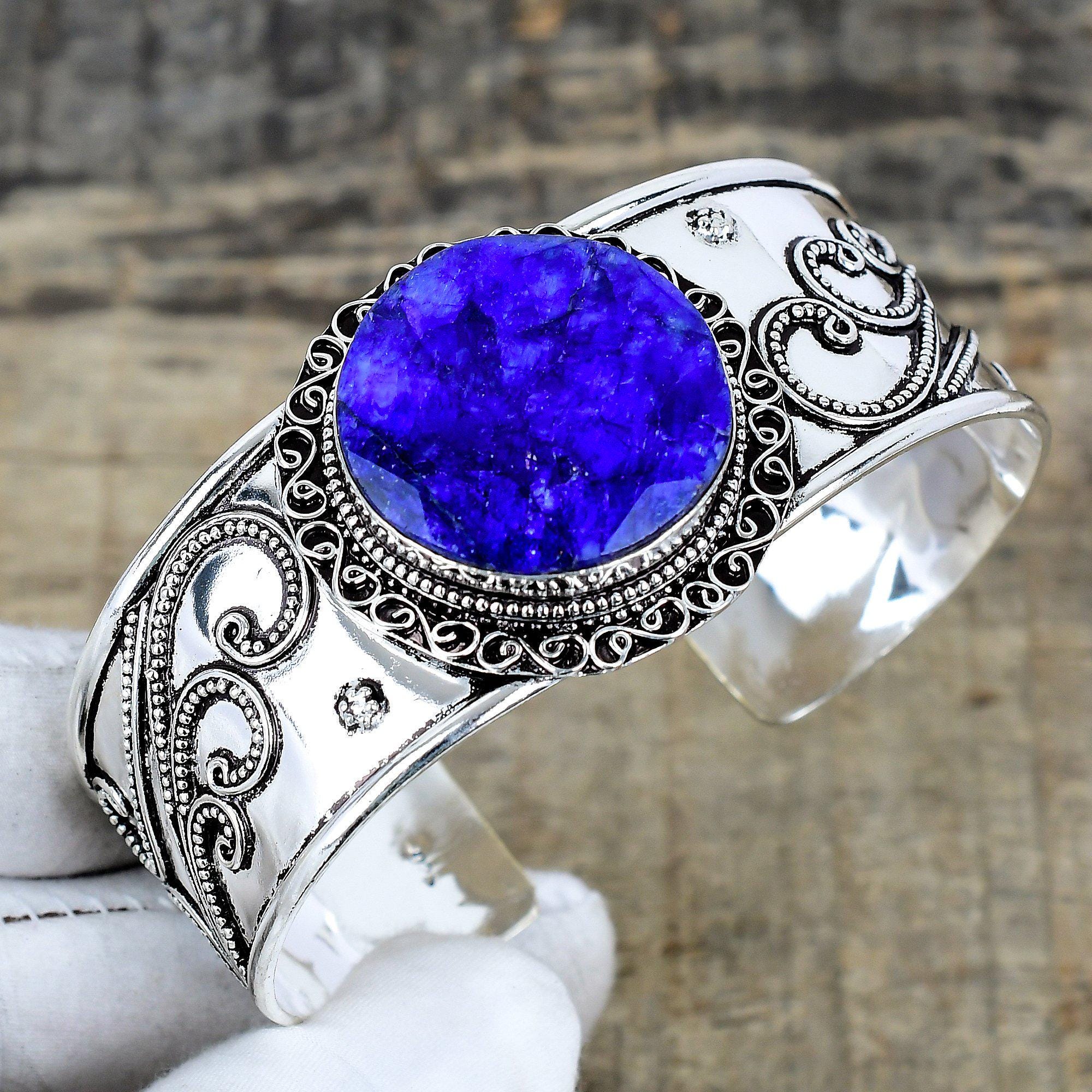 Bellissimo bracciale con zaffiro blu - Gioielli in argento sterling 925 - Bracciale aperto - Bracciale regolabile - Bracciale firmato - Bracciale con
