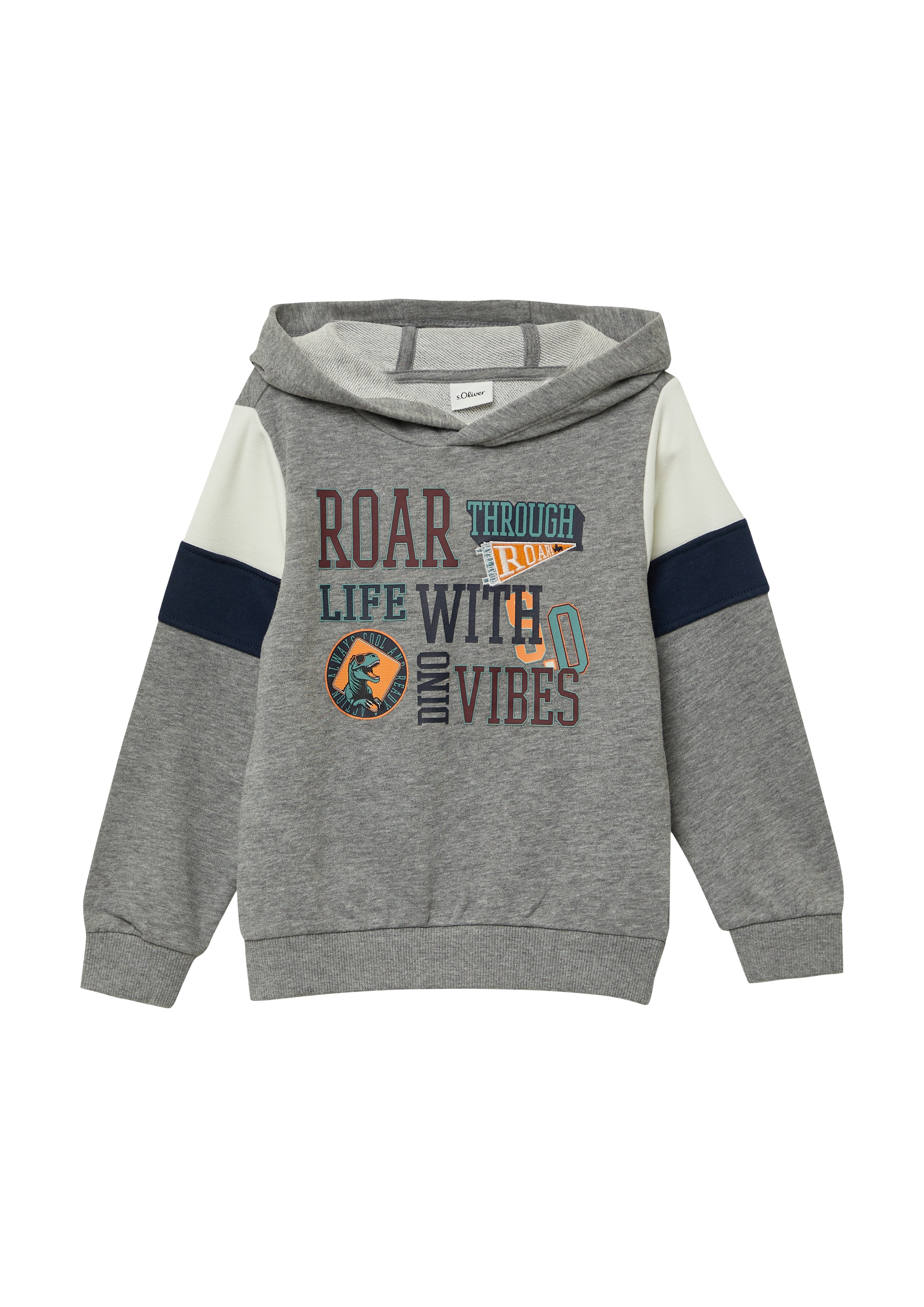 Sweatshirt S.OLIVER JUNIOR, Jungen, Gr. 140, grau (grau melange), Sweatware, Obermaterial: 81% Baumwolle, 10% Viskose, 9% Polyester, bedruckt, meliert, regular fit normal, ohne Ausschnitt, Rippbündchen, Sweatshirts Sweatshirt, mit Print