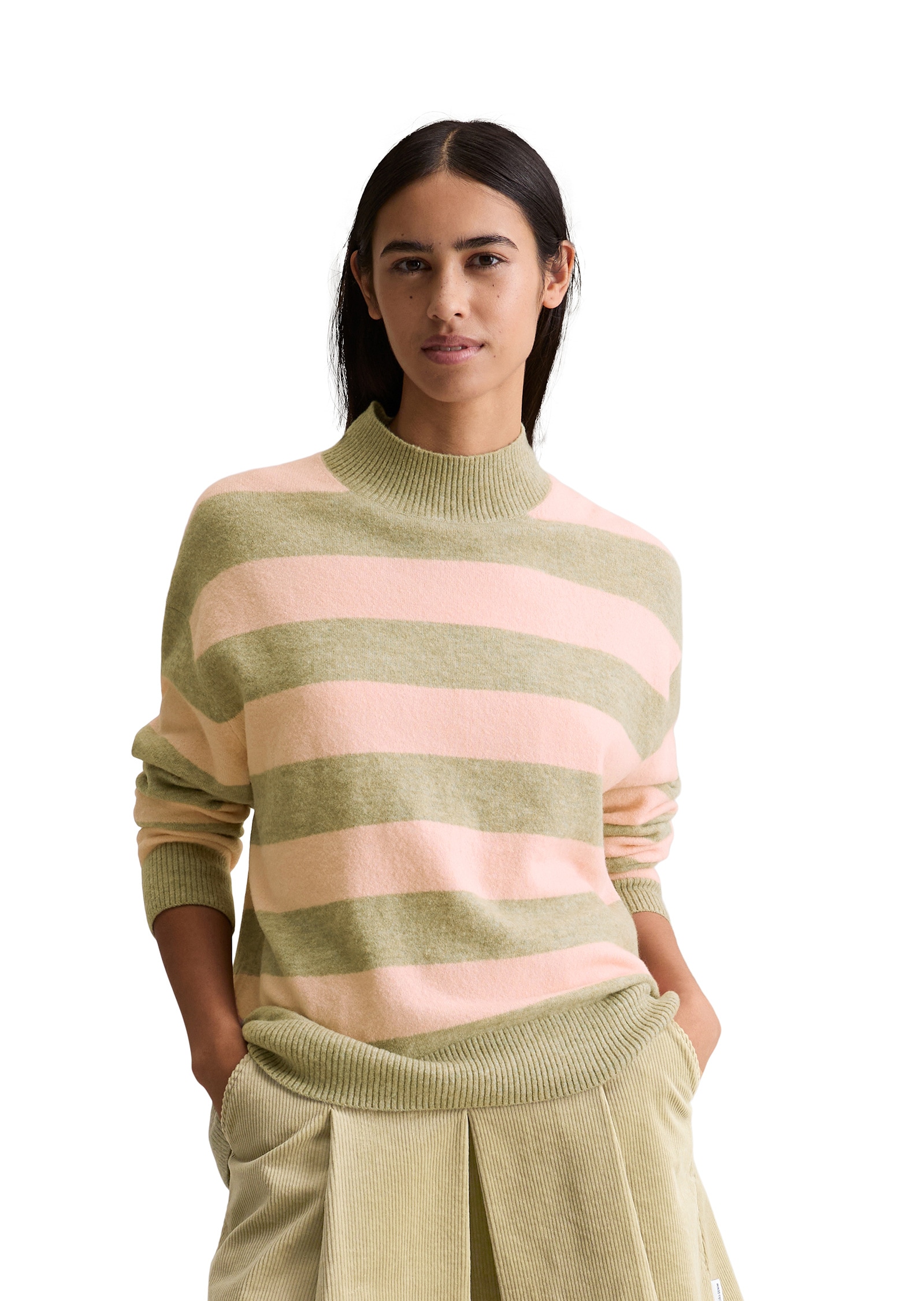 Strickpullover MARC O'POLO DENIM "aus softem Schurwolle-Mix", Damen, Gr. XS, rosa (medium pink), Obermaterial: 72% Schurwolle, 26% Polyamid, 2% Elasthan, gestreift, Pullover Strickpullover