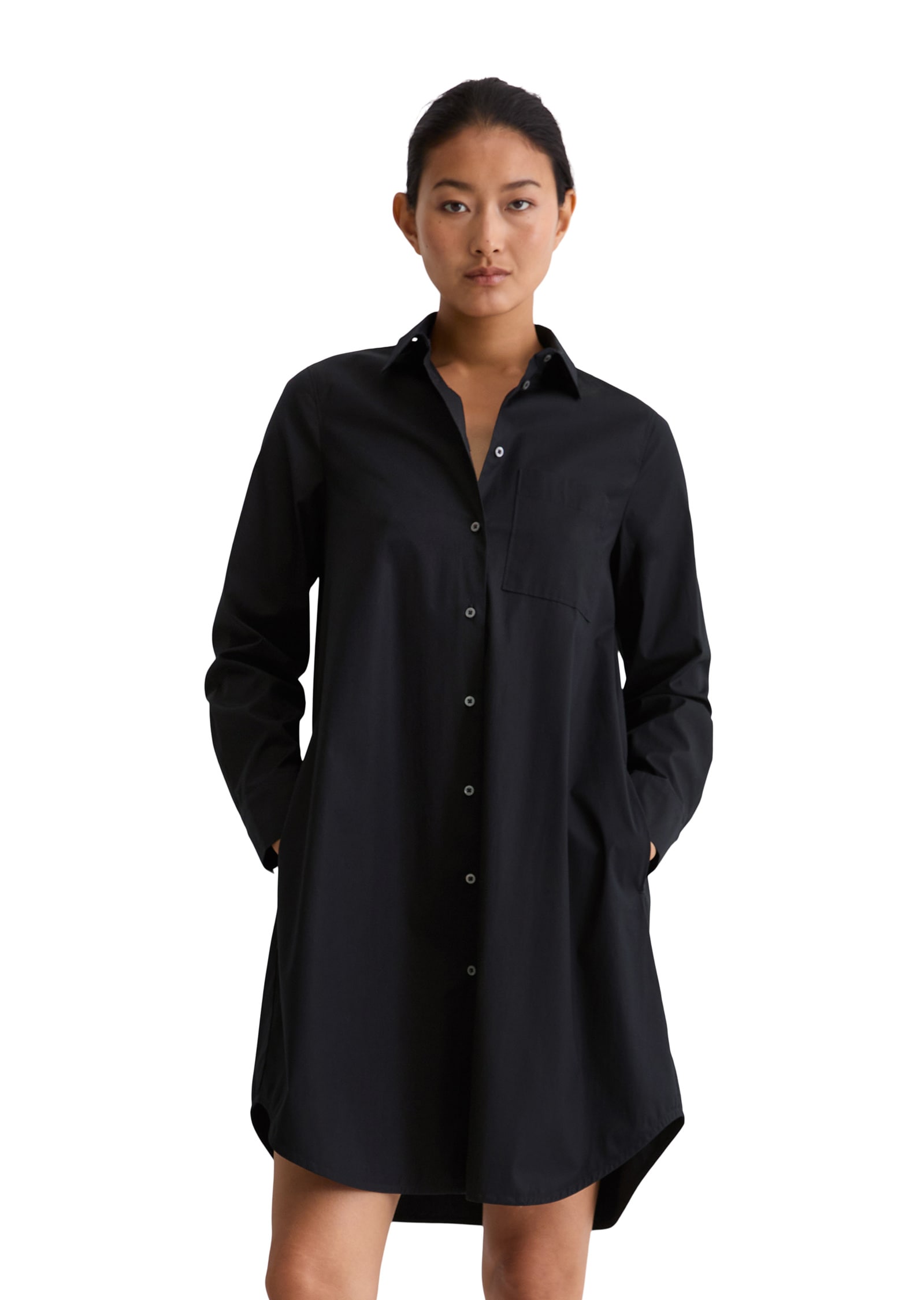 Hemdblusenkleid MARC O'POLO "aus Baumwoll-Stretch", Damen, Gr. 34, Normalgrößen, blau (deep night blau), Obermaterial: 98% Baumwolle, 2% Elasthan, unifarben, relaxed fit knielang, Manschette, Kleider