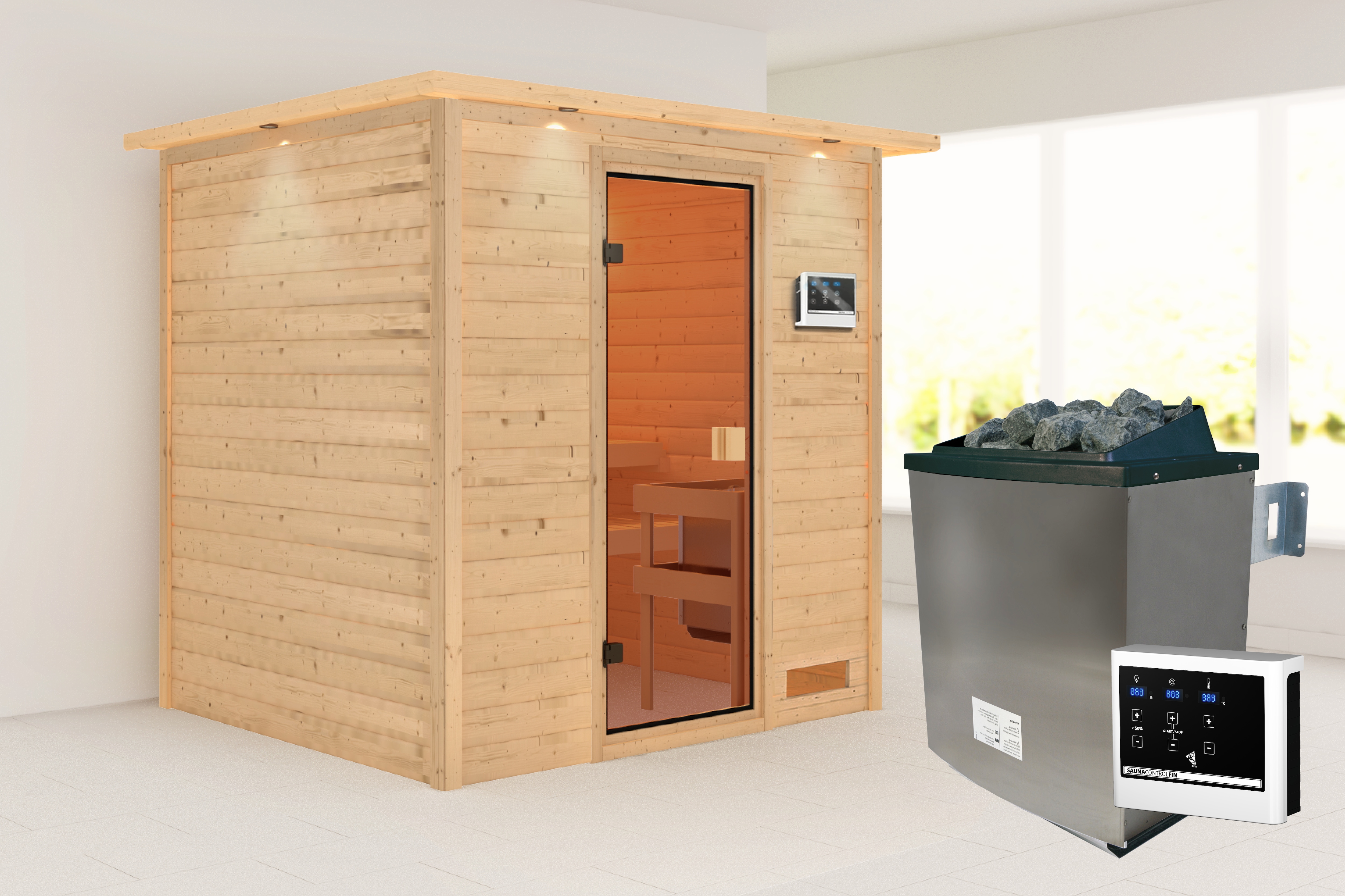 Sauna KARIBU "Ricky" mit bronzierter Tür und Kranz, naturbelassen", beige (naturbelassen), Saunaofen, externe Steuerung, 400 kW, Saunen, aus hochwertiger nordischer Fichte. 9 kW Ofen und integr. Steuerung Image