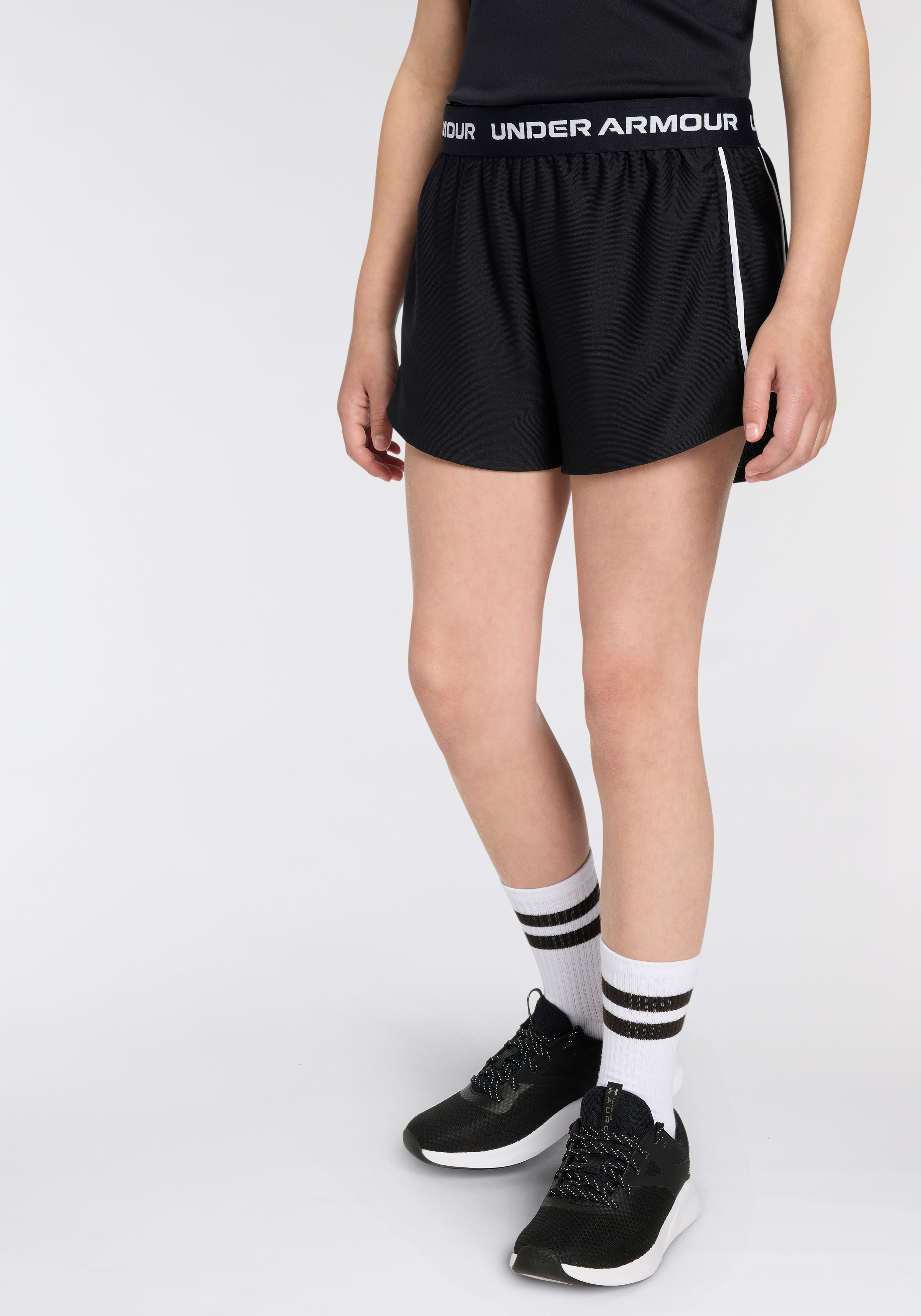 Trainingsshorts UNDER ARMOUR "TECH", Kinder, Gr. S (128/134), N-Gr, schwarz-weiß (schwarz, schwarz, weiß), Obermaterial: 100% Polyester, Sportlich, Hosen, Für Kinder Image
