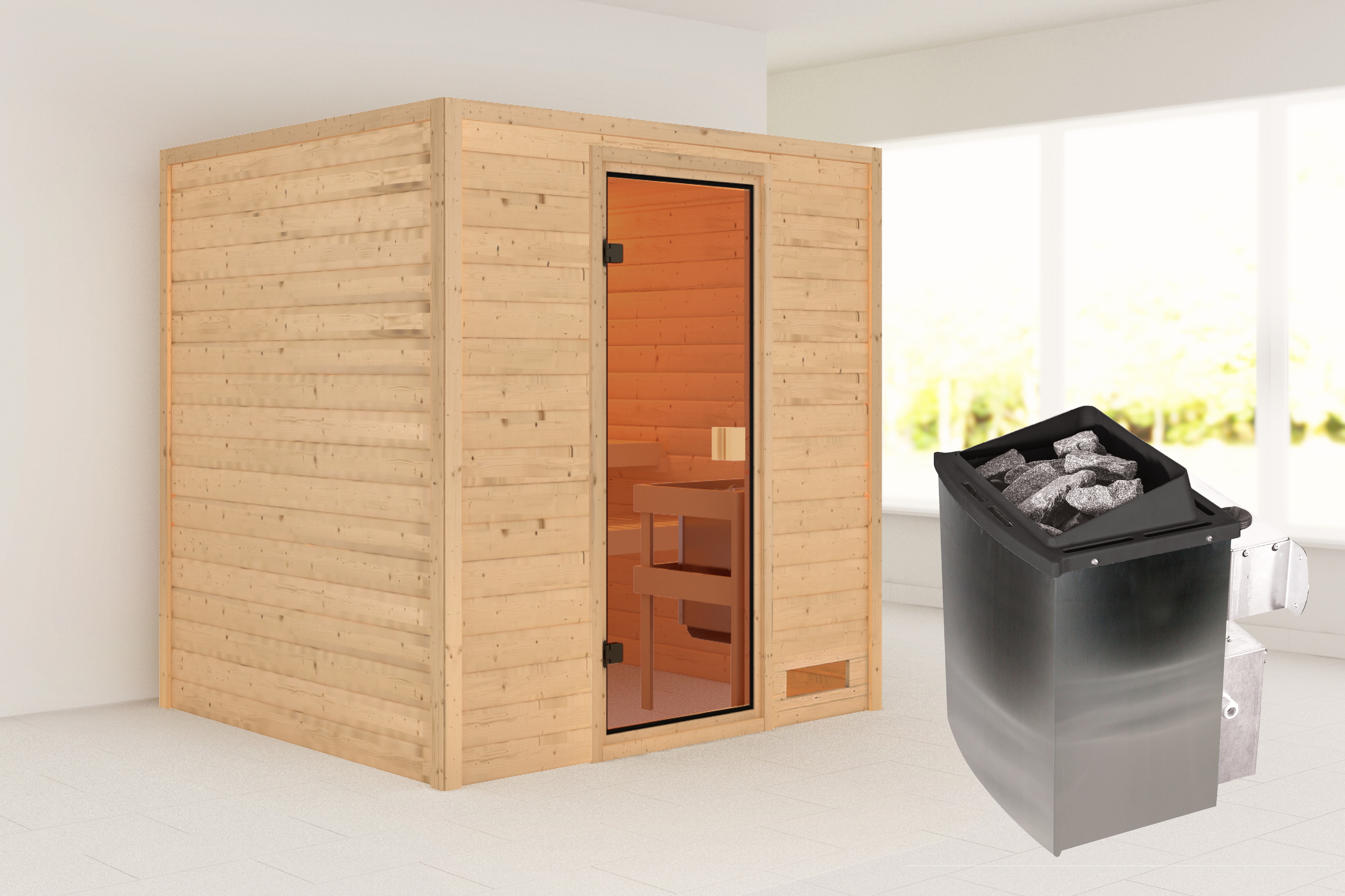Sauna KARIBU "Ricky" mit bronzierter Tür, naturbelassen", beige (naturbelassen), Saunaofen, integrierte Steuerung, 400 kW, Saunen, aus hochwertiger nordischer Fichte Image