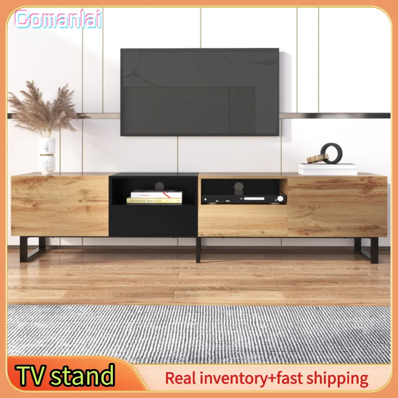 Comanlai Meuble TV moderne 190 cm, meuble TV, avec compartiments de rangement et tiroirs, pour salon, noir et couleur bois