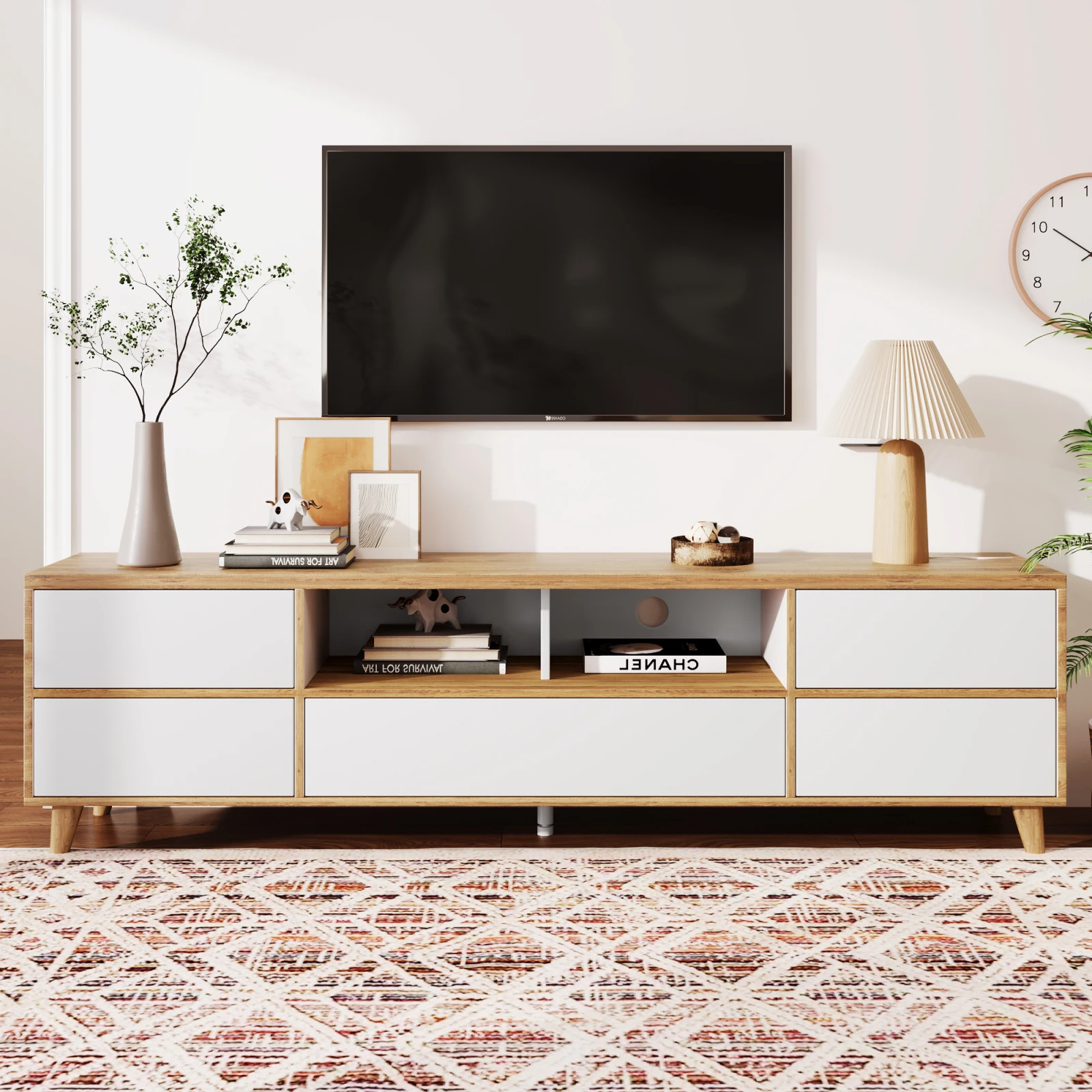 Comanlai Meuble TV 175x37x51cm, meuble bas, meuble de salon, avec portes dans un style maison de campagne naturelle et compartiments