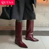 QUTAA 2025 News Frauen Kniehohe Stiefel Leder Keil Heels Herbst Schuhe Spitz Frau Winter Party Dame Lange Stiefel Größe 34-40