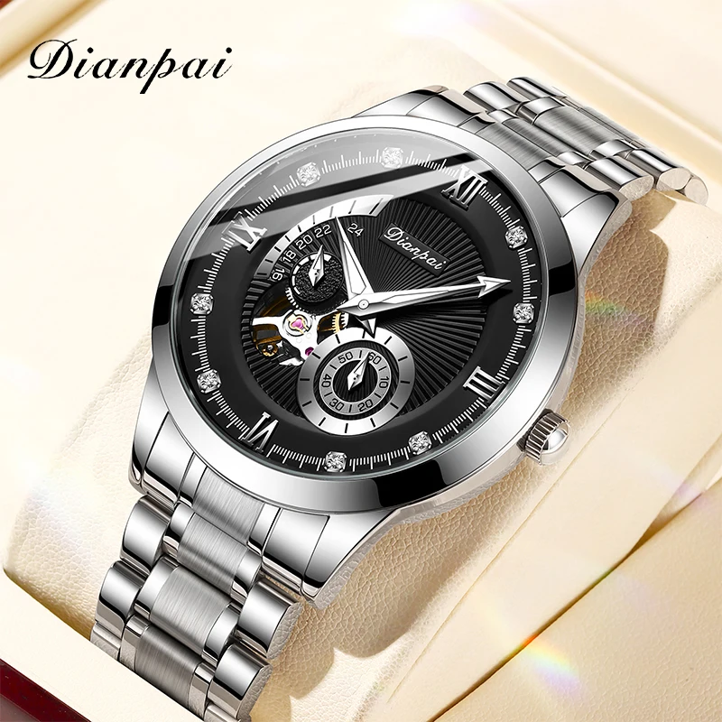 Dianpai New Black Warrior Vollautomatische mechanische Uhr für Herren, hohle Edelstahl-Nachtlicht-wasserdichte trendige Uhr Image