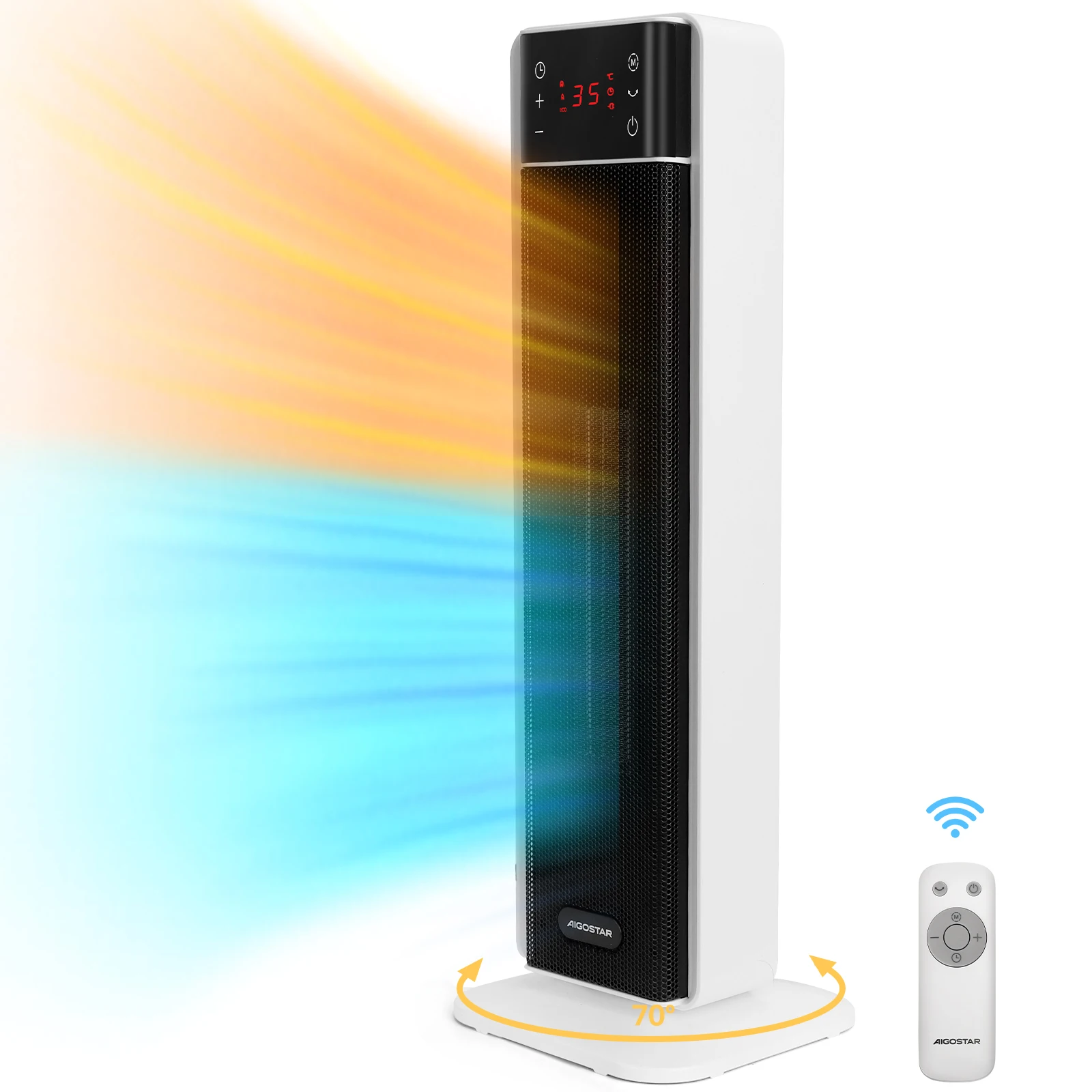 Aigostar Energiesparend Heizlüfter mit Thermostat Heizung, 2000W PTC Keramik Heizlüfter mit Fernbedienung, 70° Oszillation, 4 Modi, 24H Timer, LED-Anzeige, Überhitzungs- & Kippschutz, Weiß Image