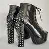BERZIMER Frauen Stiefeletten Glänzende Runde Kappe Nieten Chunky Quadratische Absätze Booties Casual Dame Schwarze Schuhe Frau Große Größe 44 46 52