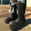 Größe 36–45, große runde Zehenpartie, Punk-Motorradstiefel mit Blockabsatz, Plateau-Schnürstiefel in der Mitte der Wade, cooler modischer Stiefel