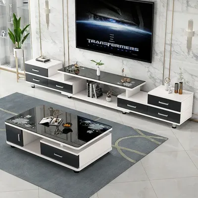 Modern & Minimalist Tempered Glass Expandable TV Stand & Coffee Table Set - European Style, Ideal for Small - Space Living Rooms