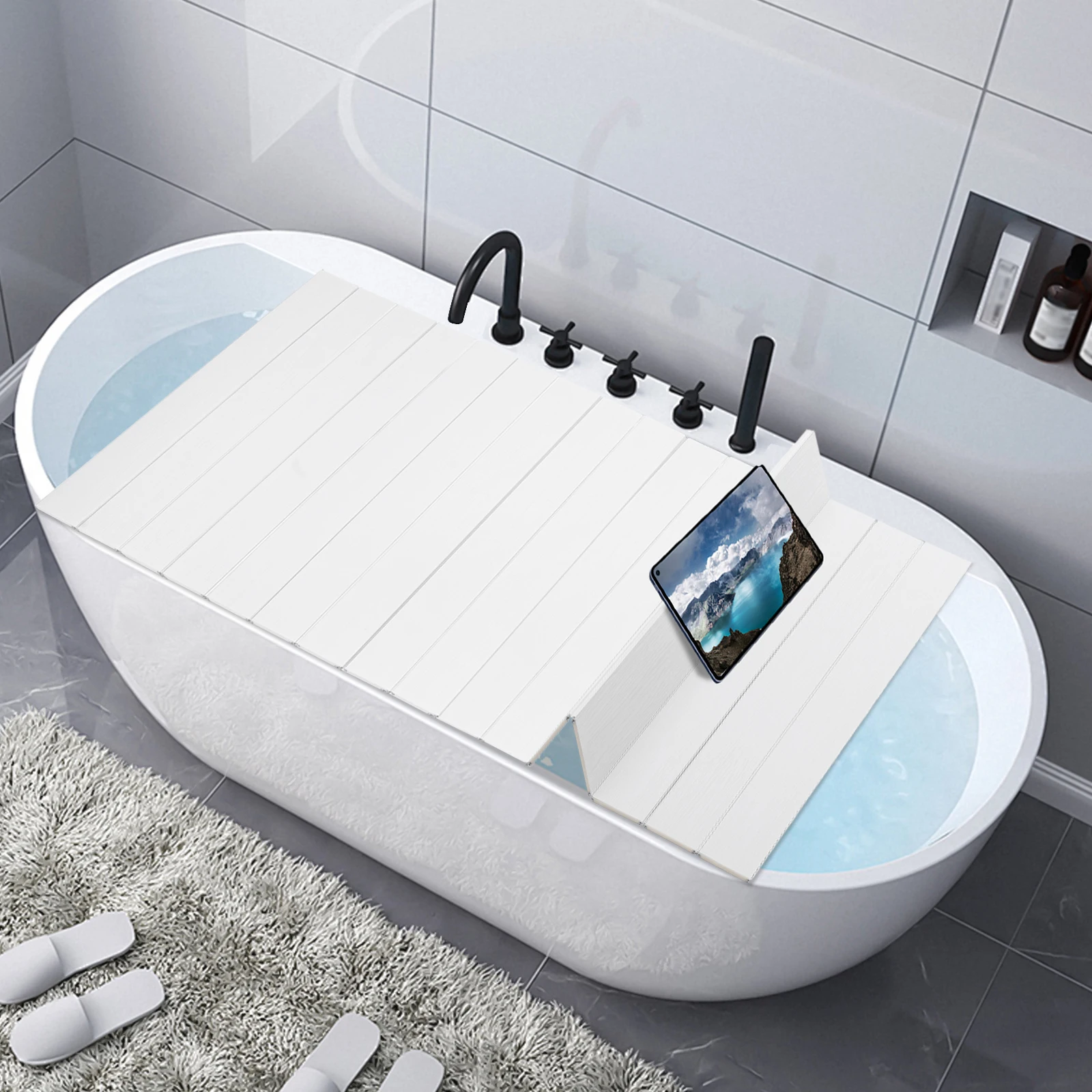 Zusammenklappbare Badewannenabdeckung, 70 x 170 cm, Badewannenabdeckung, Badewannenbrett, Badetablett, staubdicht, hält die Wassertemperatur weiß