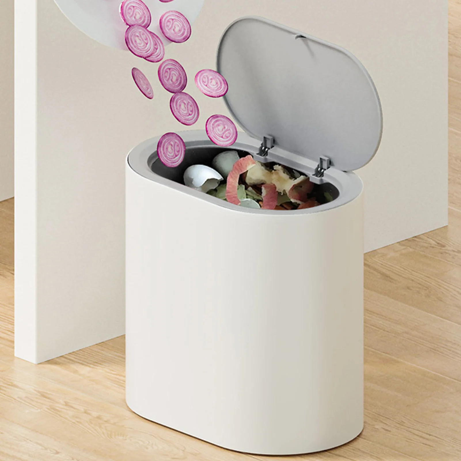 Badezimmer-Mülleimer mit Deckel, Mülleimer, Press-Top-Abfallkorb, stilvoller, schlanker Mülleimer, kompakte Räume, Papierkorb für die Küche Image
