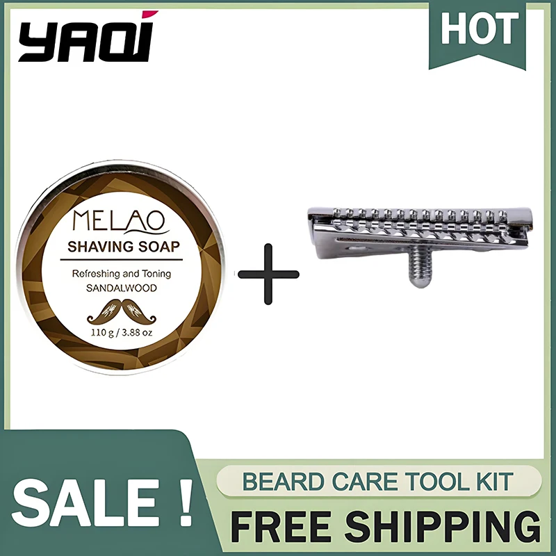 Yaqi Chromfarbener zweischneidiger schräger Rasierkopf und Sandelholz-Seifen-Set – leicht, vielseitig einsetzbar für Männer, präziser Rasierkopf Image