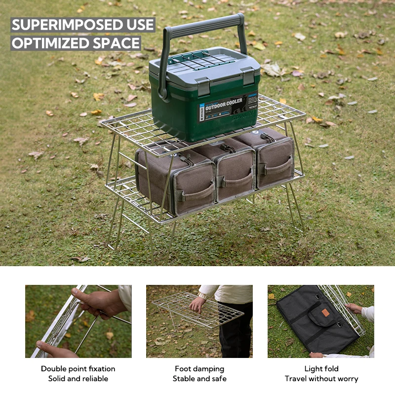CAMPINGMOON T-235A Robuster Outdoor-Klapptisch aus Edelstahl, silberfarben, Grillaufbewahrung für Camping
