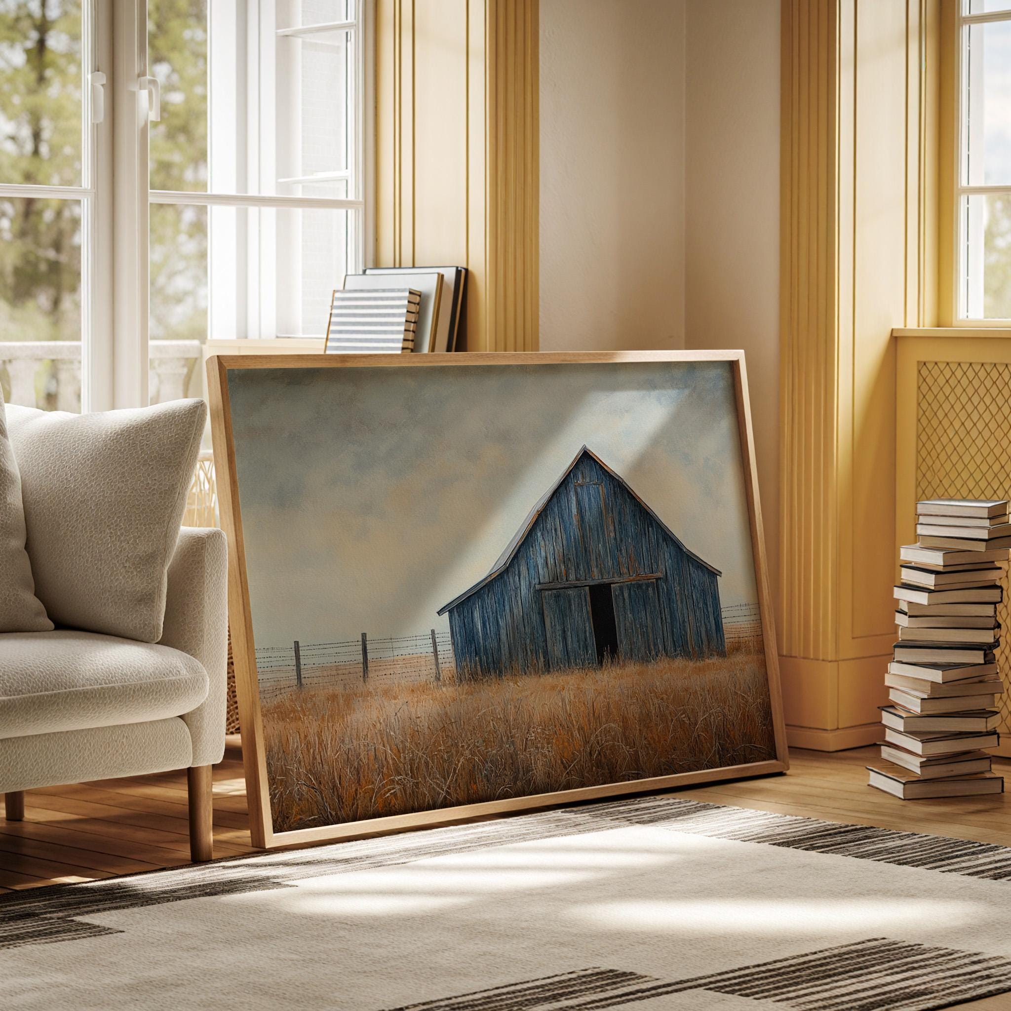 Quadro su tela rustico blu con fienile, arredamento vintage in stile fattoria, dipinto di fienile di campagna, quadro rustico con paesaggio, stampa di