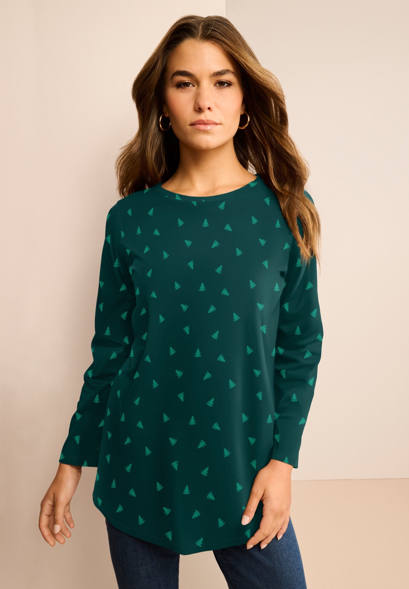 Plus Size Women's Plus Size Cotton Ultimate Long Sleeve Crewneck Tee by Roaman's in Emerald Green Trees (Size S) Shirt