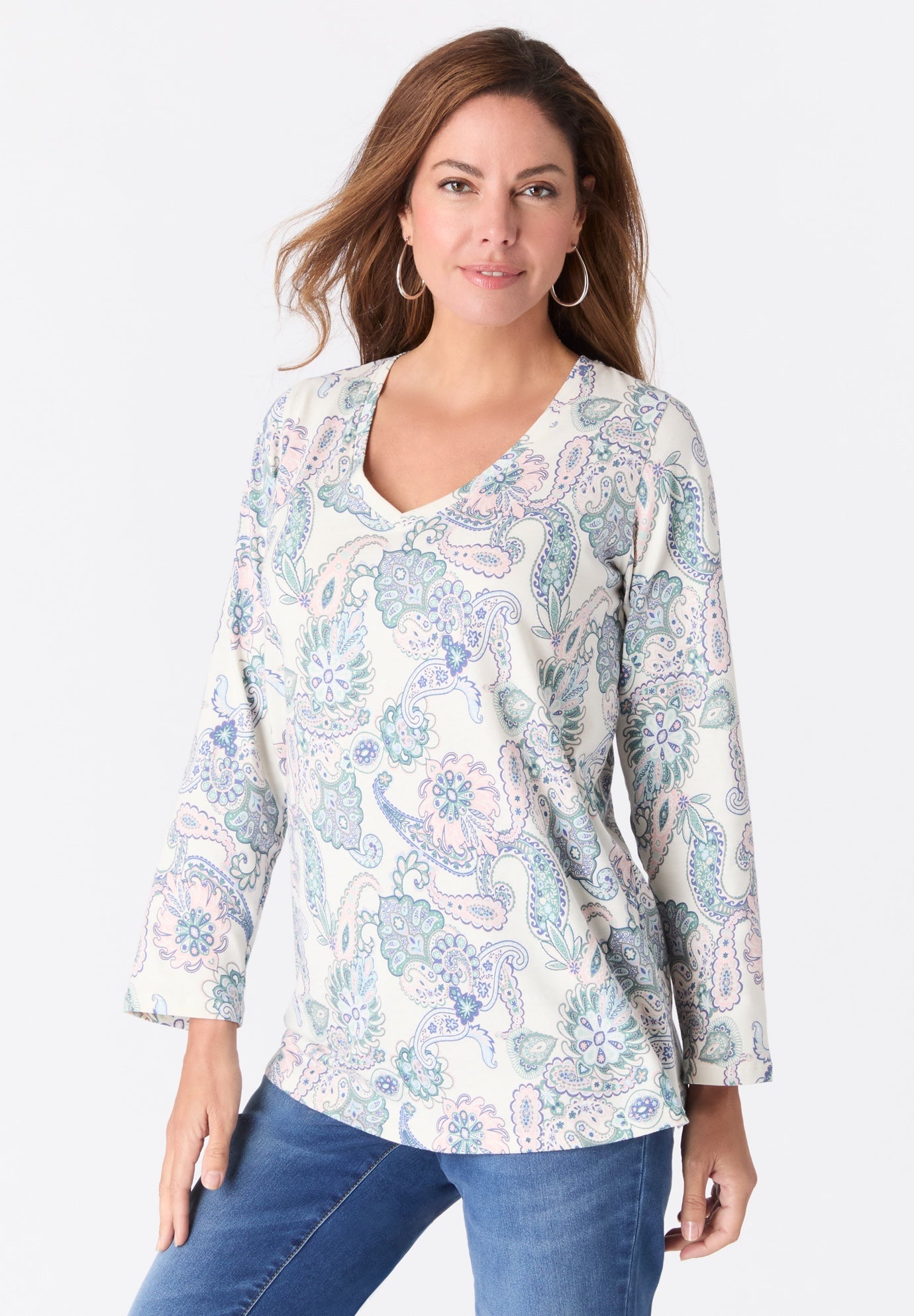 Plus Size Women's Ultimate Long Sleeve V Neck Tee by Roaman's in Ivory Rosette Paisley (Size 30/32) Shirt