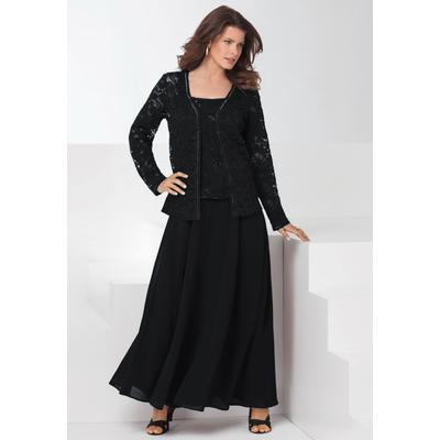 Plus Size Women's Plus-Size 2 Piece Long Sleeve Embellished Lace Jacket and Full Gown by Roaman's in Black (Size 20 W)