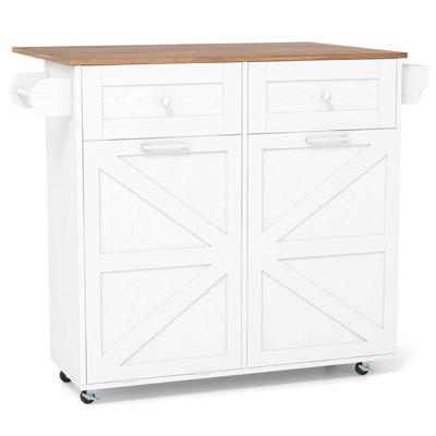 Rolling Kitchen Island with Drop Leaf & Tilt Out Trash Can Cabinet