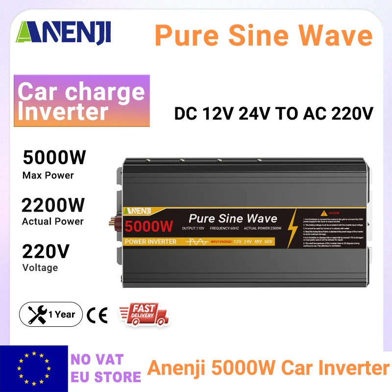 ANENJI 5000W onduleur de voiture à onde sinusoïdale Pure 5KW onduleur de véhicule DC 12V 24V à AC 220V convertisseur de tension de puissance onduleur solaire