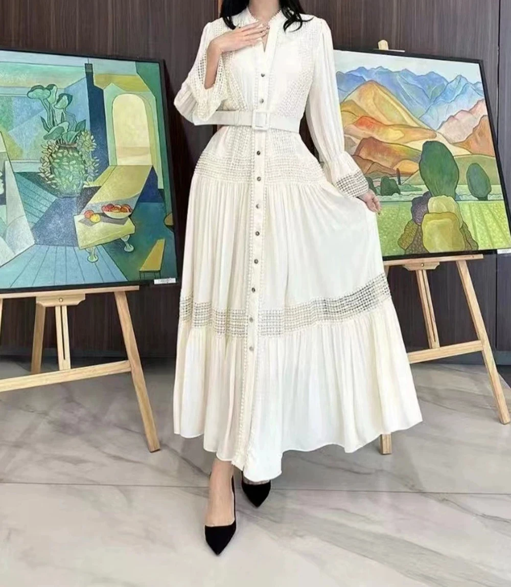 2025 Spring and Autumn Australian niche designer retro palace style solid color long swing goddess temperament dress-GZXX060