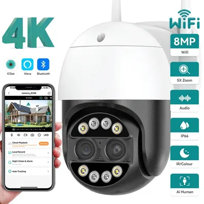 8MP PTZ WIFI Camera Dual-Lens 8XDigital Zoom Two-Way Audio Waterproof Outdoor 4MP ICSEE ONVIF Surveillance Wireless IP Camera