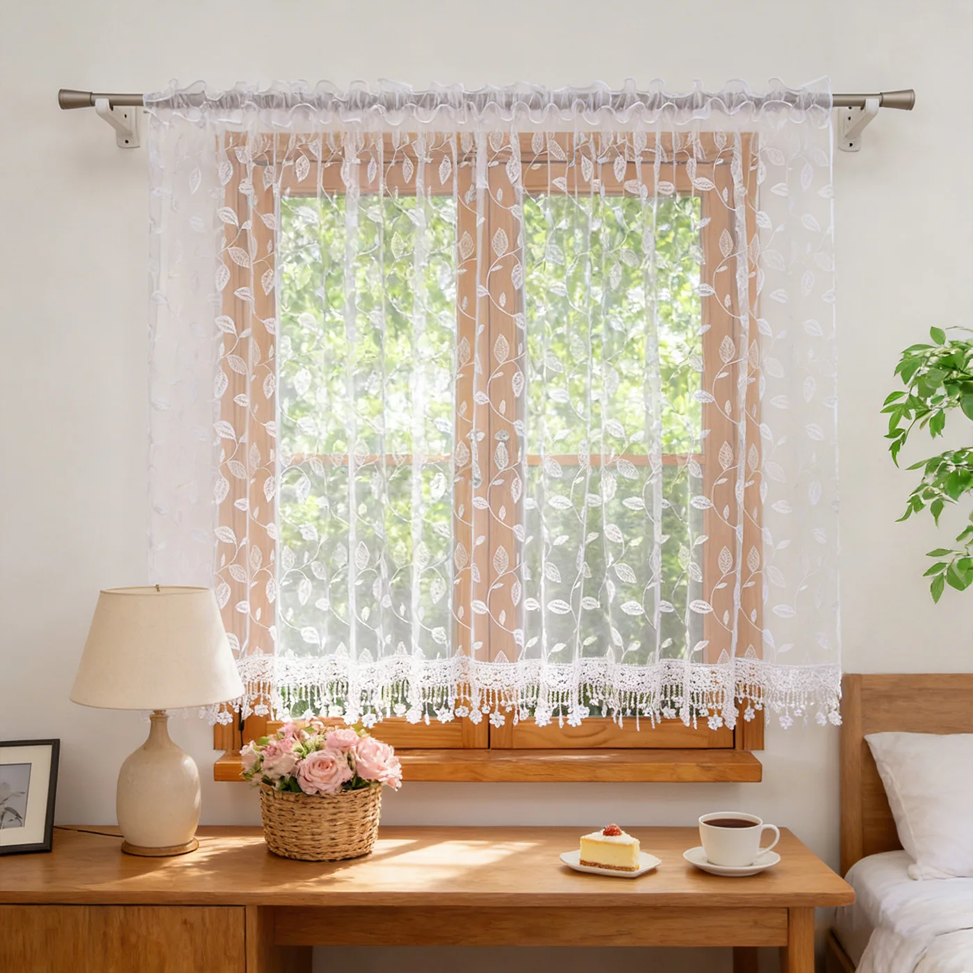 1 Stück klassischer transparenter Vorhang mit Blattmuster, einfarbige Spitze für Küche, Wohnzimmer, Café, Feiertagsdekoration Image