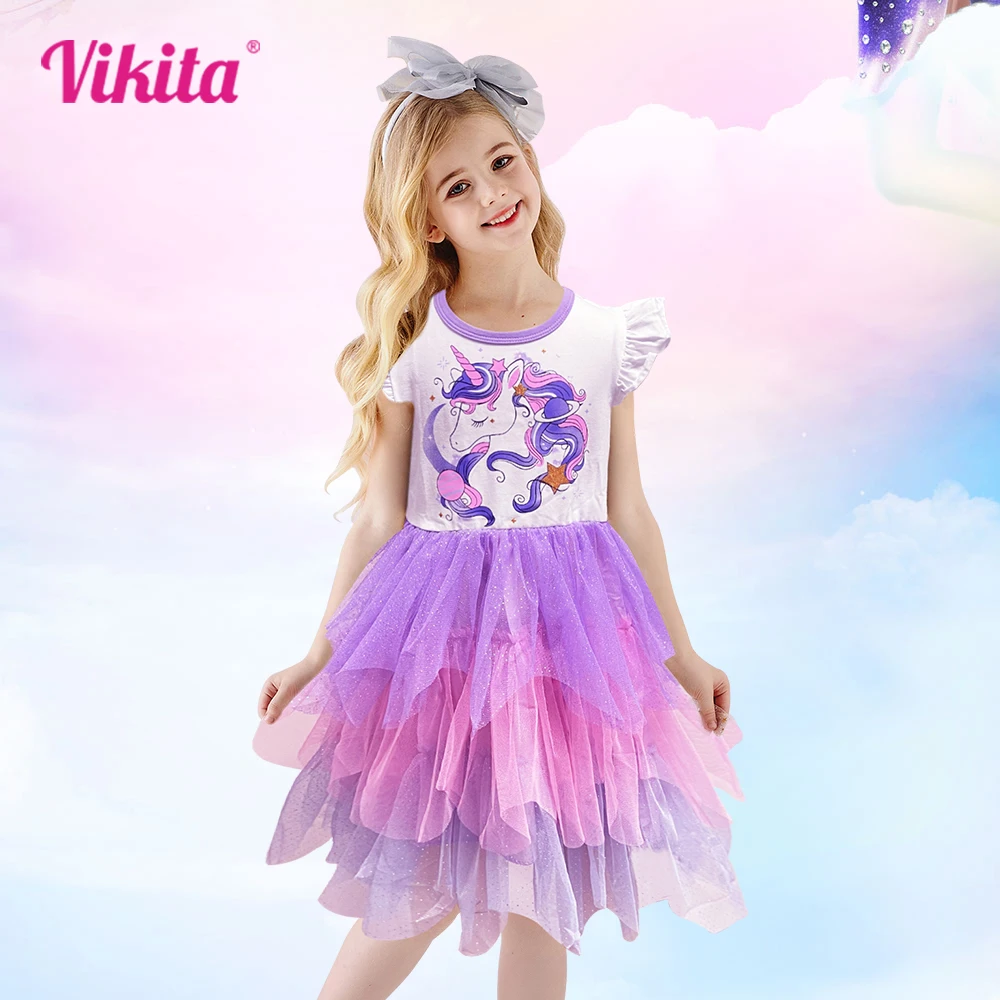 VIKITA Sommer Kinder Kleider Fliegen Sleeve Einhorn Kinder Kleid Cartoon Print Tutu Mädchen Kleid Baby Unregelmäßige Party Kleidung Image