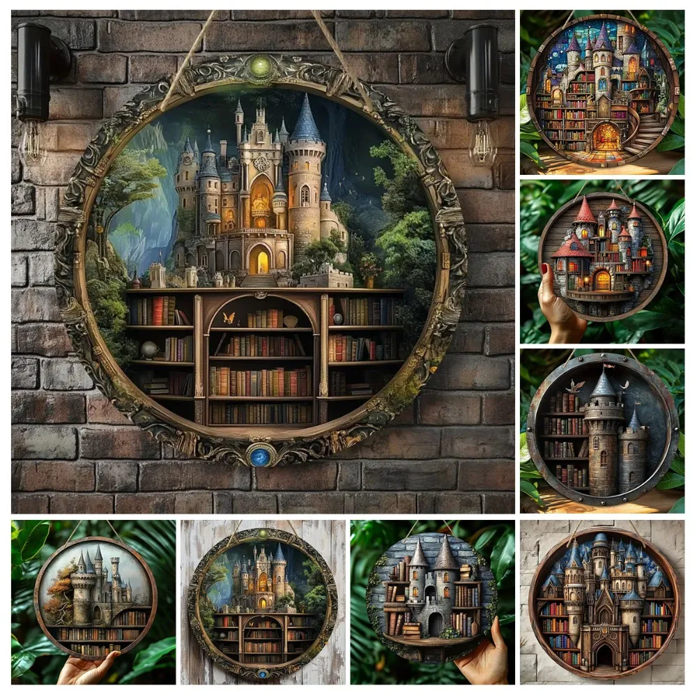 2D-Retro-Rundschild aus Holz, Schloss-Bücherregal-Thema, geeignet für Zuhause, Bar, Café, Zimmer, Büro, Buchhandlung-Dekoration Image