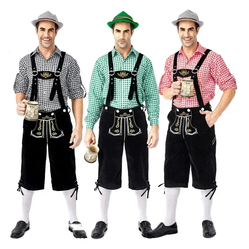 Männer Deutsches Oktoberfest Lederhosen Kostüm Erwachsene Bayerisches Bier Festivals Hosenträger Hemd Hut Set für Cosplay Halloween Image