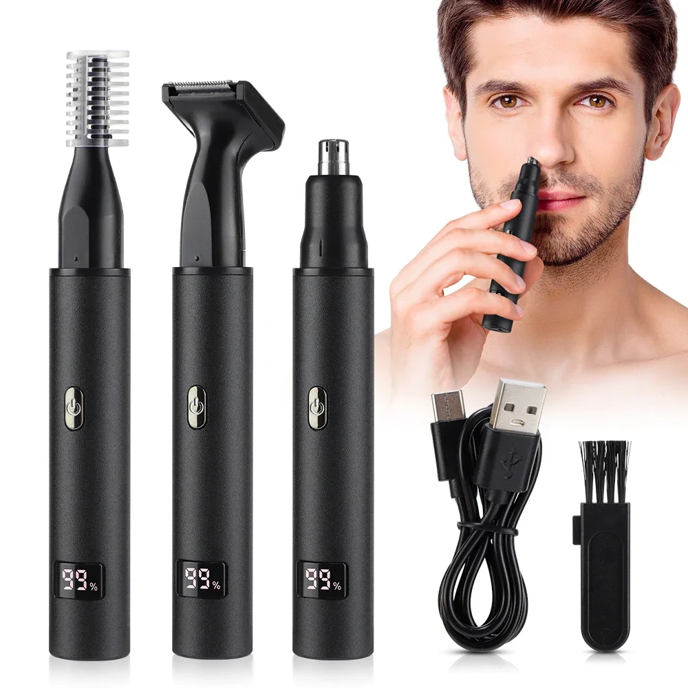 3-in-1 elektrischer Nasen-Ohr-Haarschneider für Männer, LED-Anzeige, schmerzlos, Koteletten, Augenbrauen, Bart, Haarschneidemaschine, Rasierer, USB wiederaufladbar Image