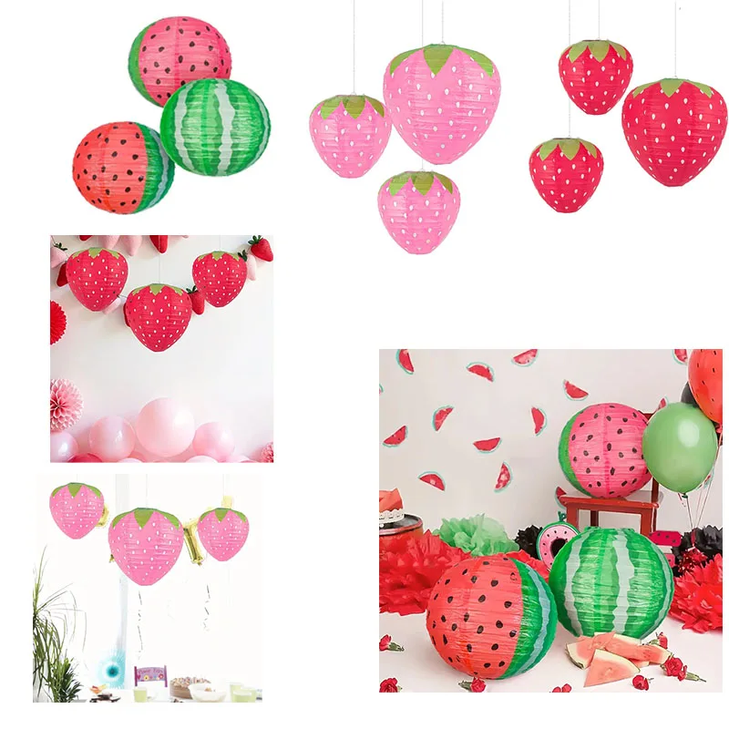Erdbeere Wassermelone Papierlaterne Obst Party Dekoration für Geburtstag Babyparty Niedliche hängende Verzierung in Rosa Rot Image