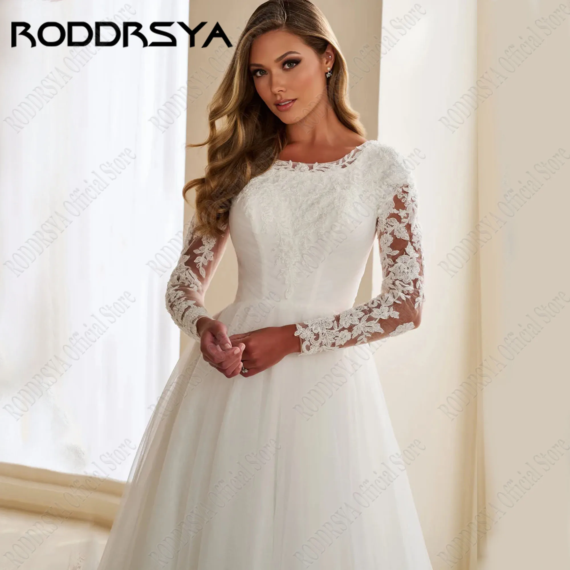 Roddrsya Vintage Applique Spitze Brautkleider voller Ärmel eine Linie U-Ausschnitt Robe de Mariee für Bräute plus Größe angepasstRODDRSYA Vintage Applique Spitze Brautkleider Full Sleeve A Linie