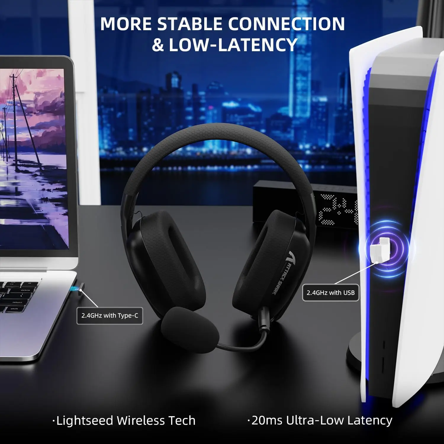 ATTACK SHARK L80PRO Kabelloses Gaming-Headset Lightseed Tech – integriertes und abnehmbares Dual-Mikrofon – leichter Kopfhörer – Tri-Mode Image